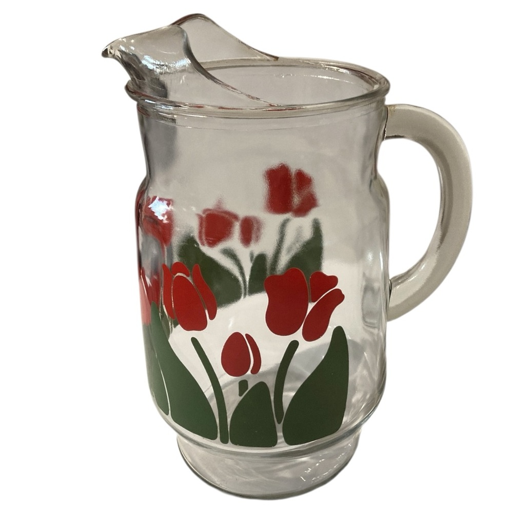 Vintage Nina Glass Pitcher with Red Tulip Design